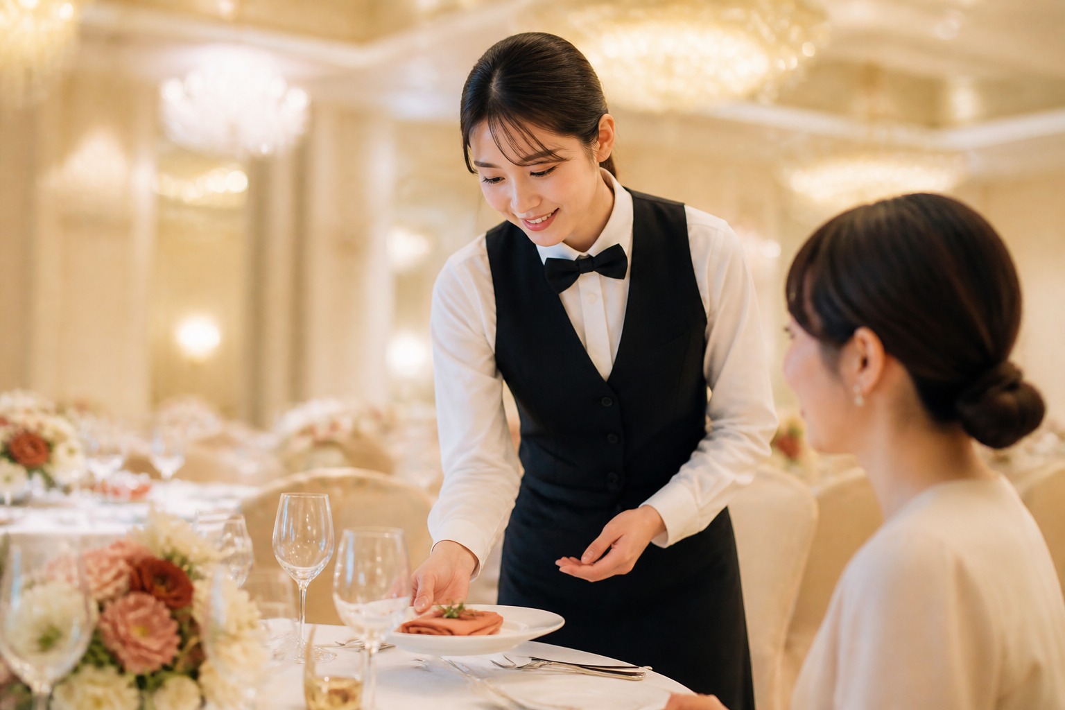 宴会場でサービスを行うスタッフ